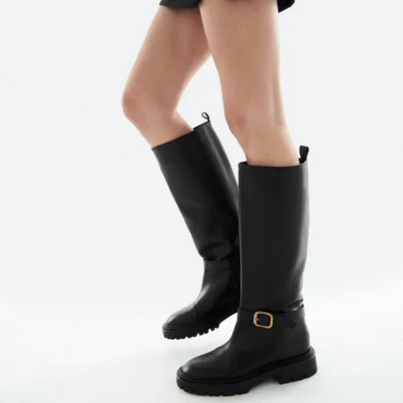 Zara | Shoes | Zara Black 0 Leather Knee High Flat Boots With Gold